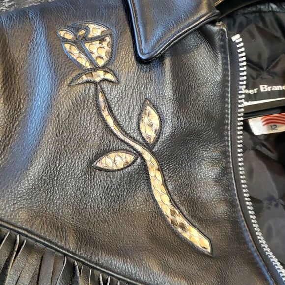 Steer Brand Vtg Leather Jacket with Fringe and Snakeskin Roses Design Sz 12 - Picture 3 of 16